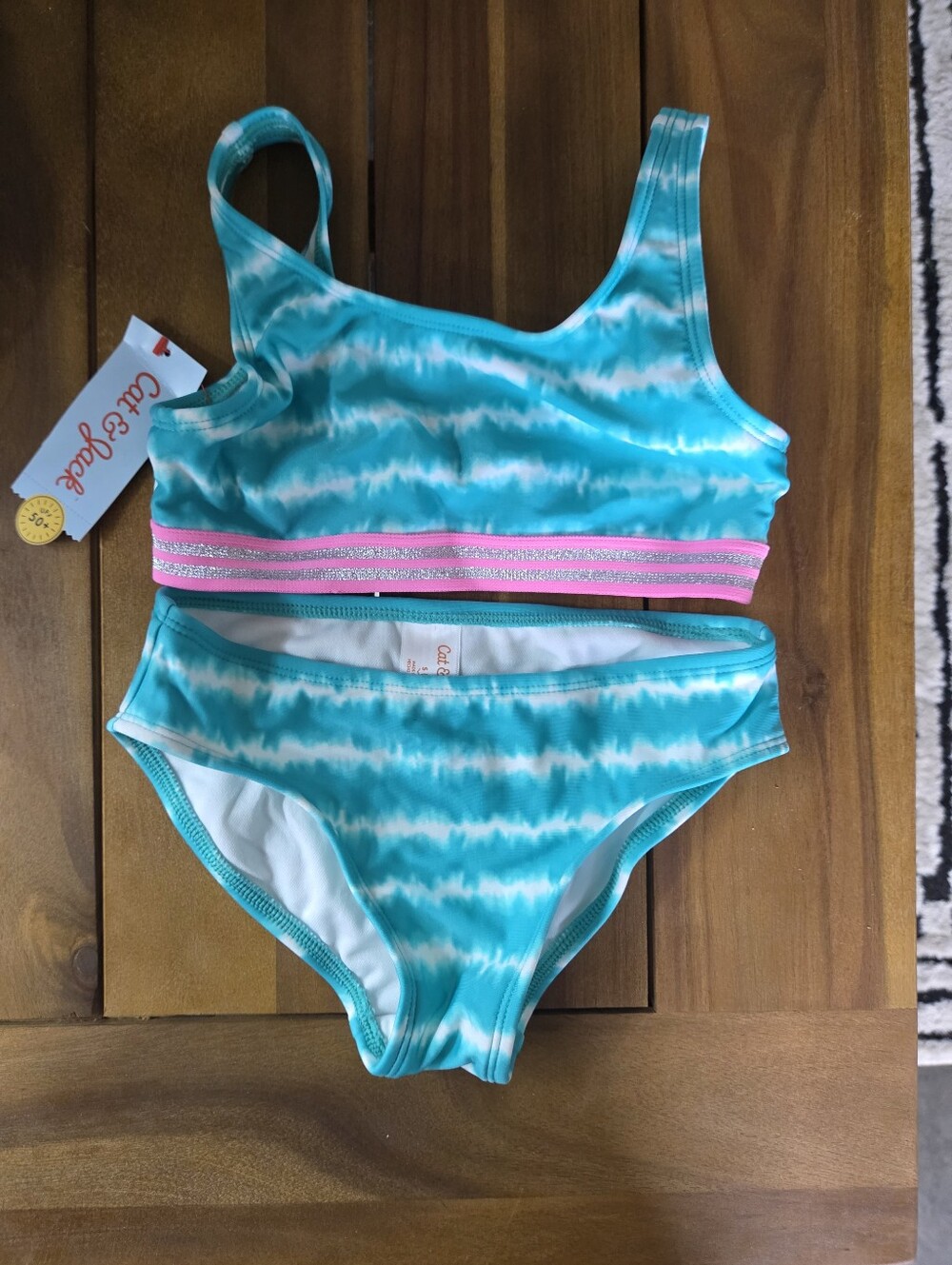 NWT Cat & Jack Girls' Turquoise Tie-Dye Two-Piece Swimsuit with Pink Stripe S6/7